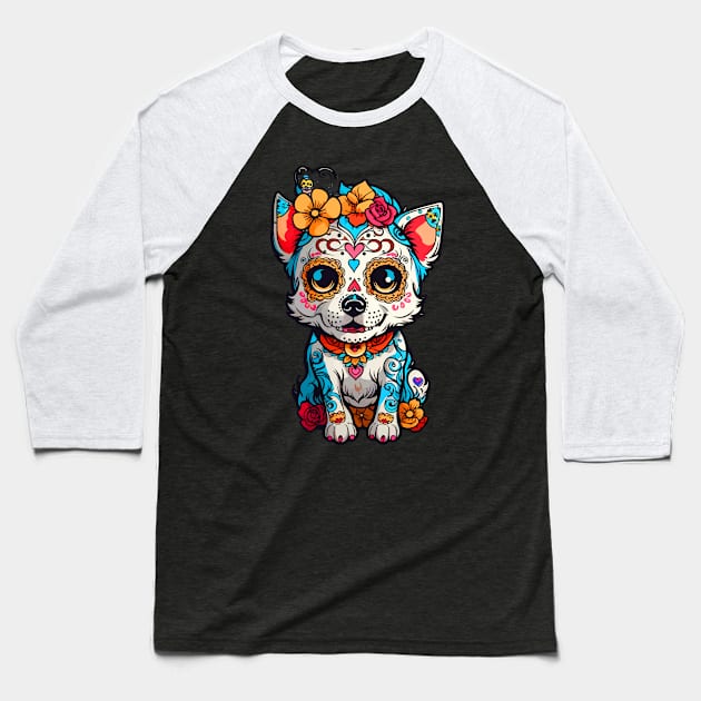 Dog Sugar Skull Halloween Baseball T-Shirt by CatCoconut-Art